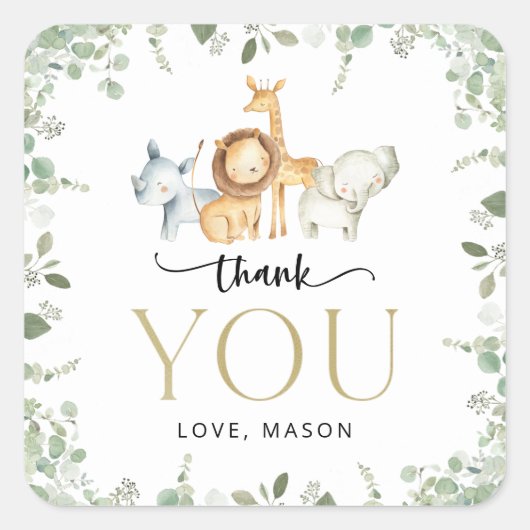 サファリ動物，ジャングル，ワイルドワン，最初の誕生日 スクエアシール (正面)