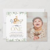 サファリ動物，ジャングル，ワイルドワン，最初の誕生日 招待状 (正面)