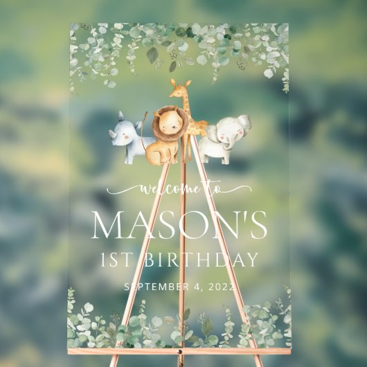 サファリ動物，ジャングル，ワイルドワン，誕生日へようこそ アクリルサイン (ニュートラル)