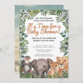 サファリ動物，象，モンキーグリーンベイビーシャワー 招待状 (正面/裏面)