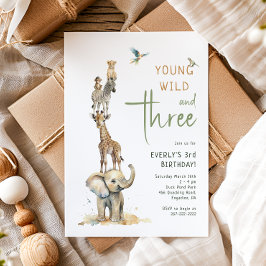 サファリ動物「Young Wild & Three」子供の誕生日 招待状