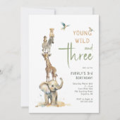 サファリ動物「Young Wild & Three」子供の誕生日 招待状 (正面)