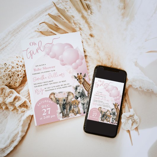 サファリ動物Boho Ohガールベビーシャワー 招待状