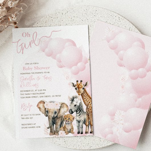 サファリ動物Boho Ohガールベビーシャワー 招待状