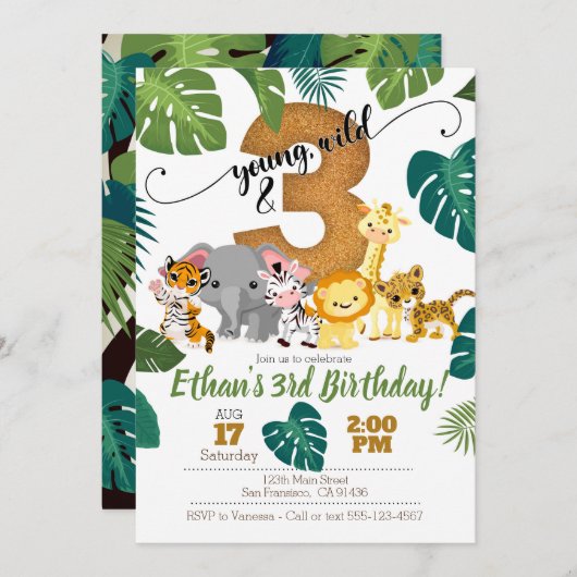 サファリ招待状(3歳の誕生日) 招待状 (正面/裏面)