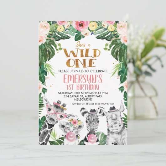 サファリ描動物フローラワイルドワン誕生日 招待状 (スタンド正面)