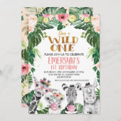 サファリ描動物フローラワイルドワン誕生日 招待状 (正面/裏面)