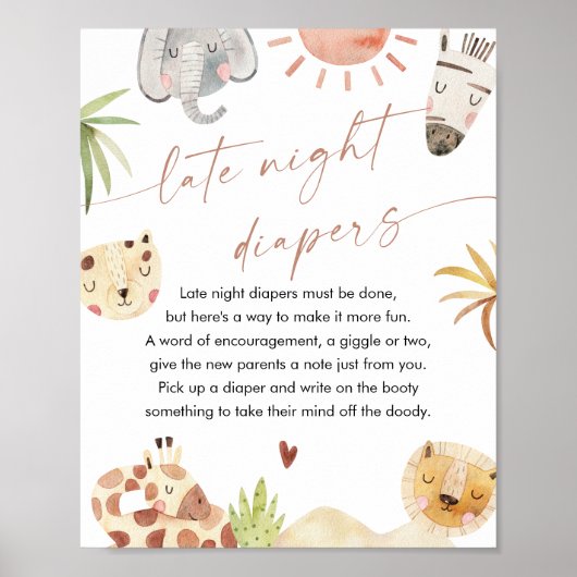 サファリ深夜おむつ赤ちゃんシャワーのサイン ポスター (正面)