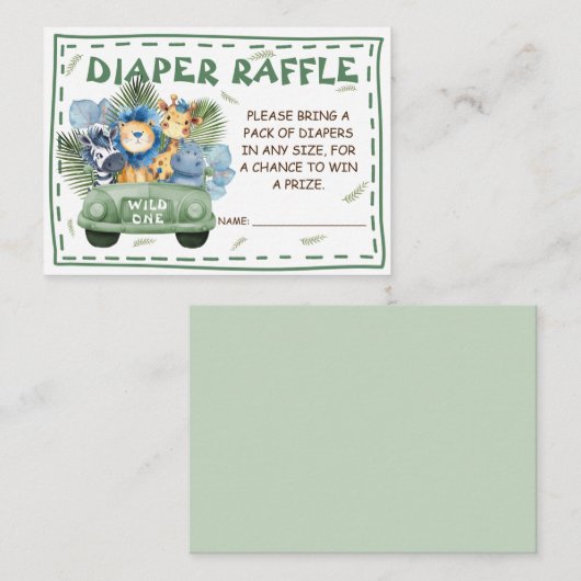サファリ男の子の赤ちゃんシャワーおむつラッフル エンクロージャーカード (正面/裏面)