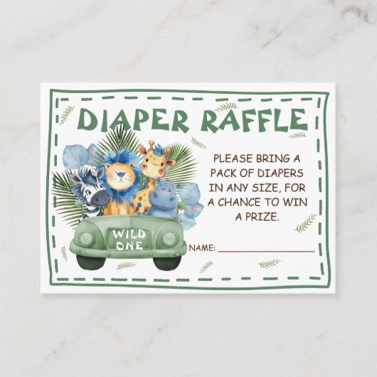 サファリ男の子の赤ちゃんシャワーおむつラッフル エンクロージャーカード (正面)