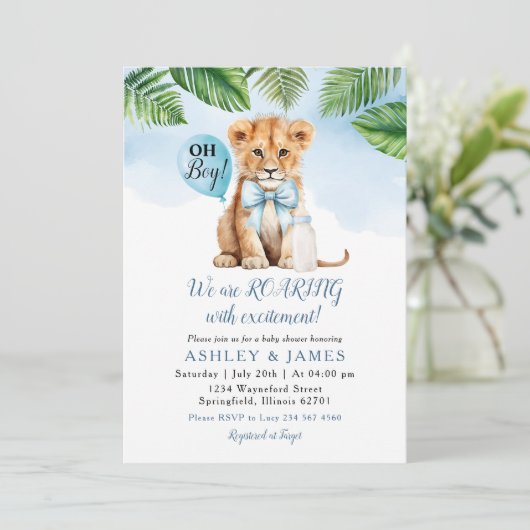 サファリ男の子ライオン緑の赤ちゃんシャワーボウタイ 招待状 (スタンド正面)