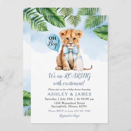 サファリ男の子ライオン緑の赤ちゃんシャワーボウタイ 招待状 (正面/裏面)