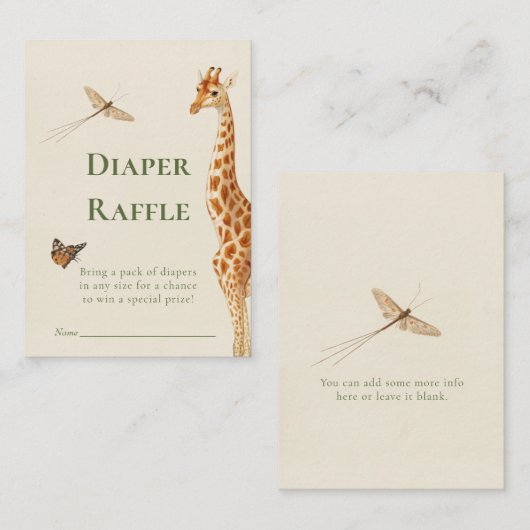サファリ男女兼用おむつラッフルベビーシャワー エンクロージャーカード (正面/裏面)