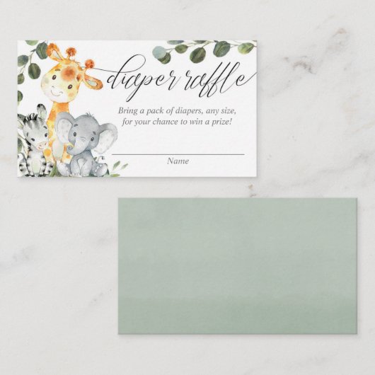 サファリ男女兼用の緑おむつラッフルカード エンクロージャーカード (正面/裏面)