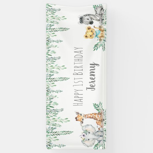 サファリ男女兼用アニマルジャングルファースト誕生日 横断幕 (縦)