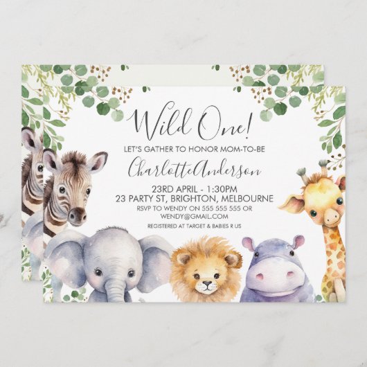 サファリ男女兼用アニマルベビシャワー 招待状 (正面/裏面)