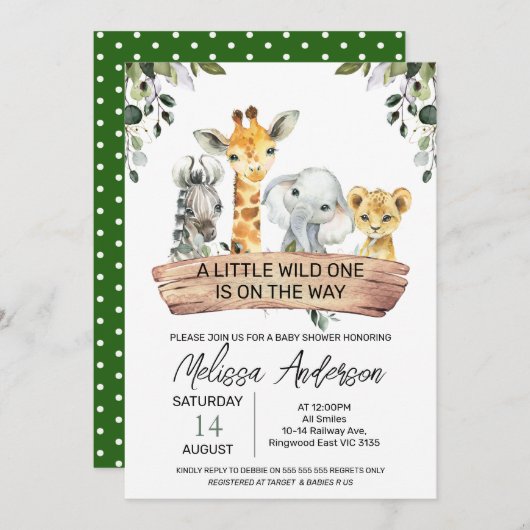 サファリ男女兼用ウッドバナーベビーシャワー 招待状 (正面/裏面)