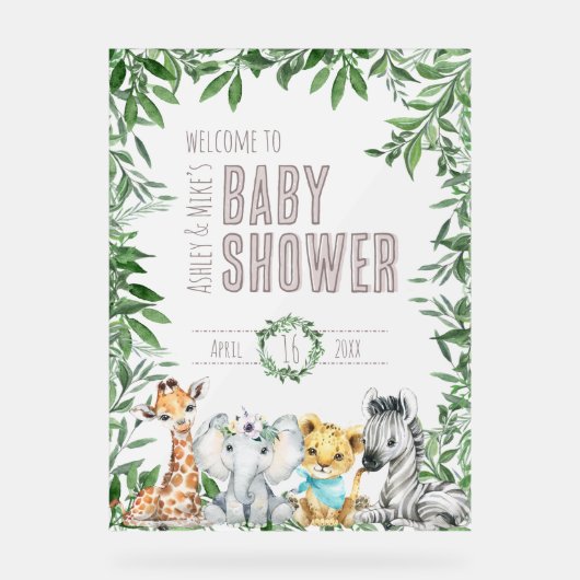 サファリ男女兼用グリーンリーベビーシャワーへようこそ アクリルサイン (正面)