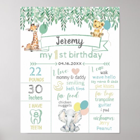 サファリ男女兼用ーの最初の誕生日ベビーファクト記号 ポスター (正面)