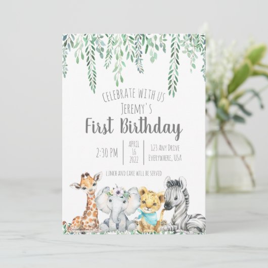 サファリ男女兼用ーテーマの最初の誕生日 招待状 (スタンド正面)