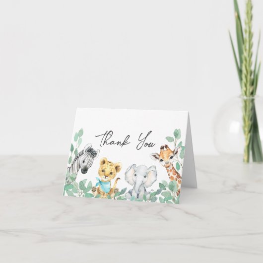 サファリ男女兼用ー動物の緑の赤ちゃんシャワー サンキューカード (正面)