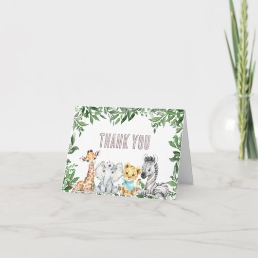 サファリ男女兼用ー動物の緑の赤ちゃんシャワー サンキューカード (正面)