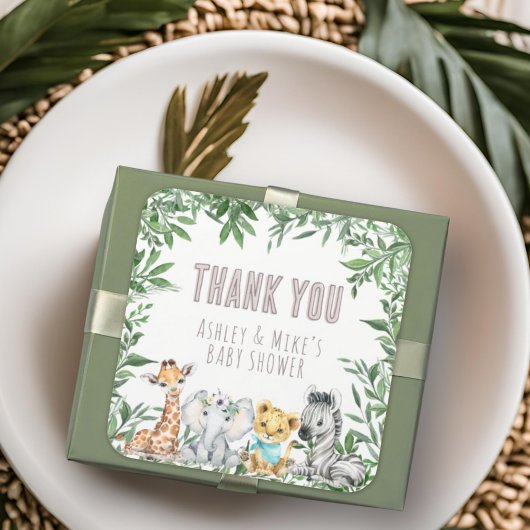 サファリ男女兼用ー動物の緑の赤ちゃんシャワー スクエアシール