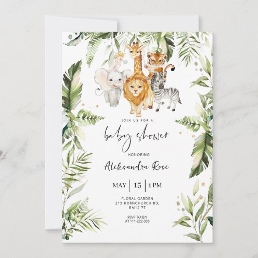 サファリ男女兼用ー動物の赤ちゃんシャワー 招待状 (正面)