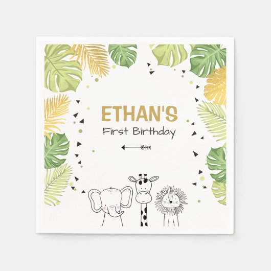 サファリ紙ナプキンス動物園ワイルドジャングル動物の少年 スタンダードカクテルナプキン (正面)