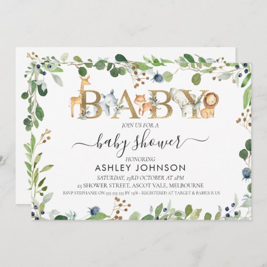 サファリ素朴アニマルワードベビーシャワー招待状 招待状