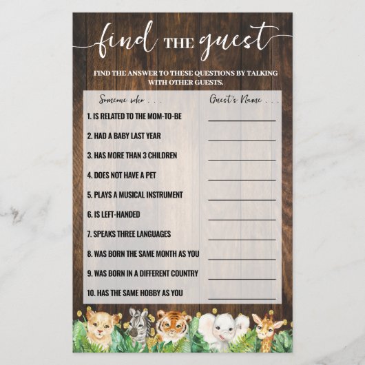 サファリ素朴ーゲストベビーシャワーゲームカードを見つける チラシ (正面)