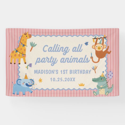 サファリ誕生日パーティーの動物たちへようこそ 横断幕 (横)