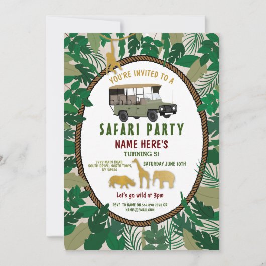 サファリ誕生日パーティーの動物たち,野生のトラックのジャングル 招待状 (正面)