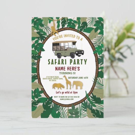 サファリ誕生日パーティーの動物たち,野生のトラックのジャングル 招待状 (スタンド正面)