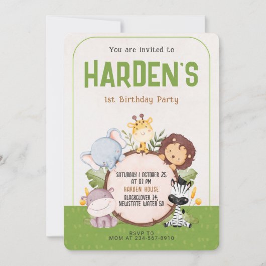 サファリ誕生日パーティー – ジャングル動物 招待状 (正面)