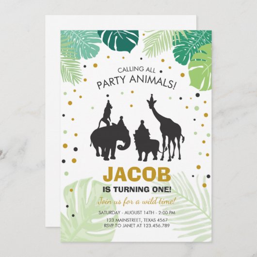 サファリ誕生日招待状動物園ワイルドジャングル動物 招待状 (正面/裏面)