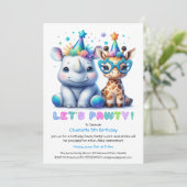 サファリ誕生日招待状 – かわいいRhino & Giraffe 招待状 (スタンド正面)