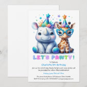 サファリ誕生日招待状 – かわいいRhino & Giraffe 招待状 (正面/裏面)