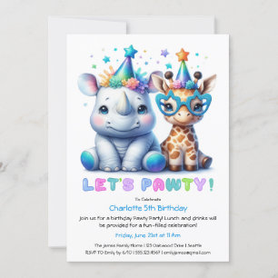 サファリ誕生日招待状 – かわいいRhino & Giraffe 招待状
