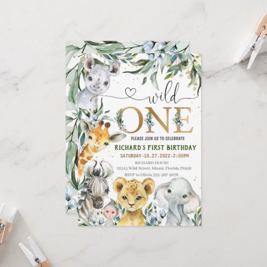 サファリ誕生日招待状、ワイルドワンボーイパーティー1st 招待状 (正面/裏面インサイチュ)
