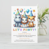 サファリ誕生日-グリッターブルーヒッポ，タイガー，ライオン 招待状 (スタンド正面)