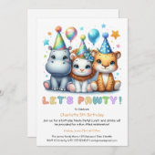 サファリ誕生日-グリッターブルーヒッポ，タイガー，ライオン 招待状 (正面/裏面)