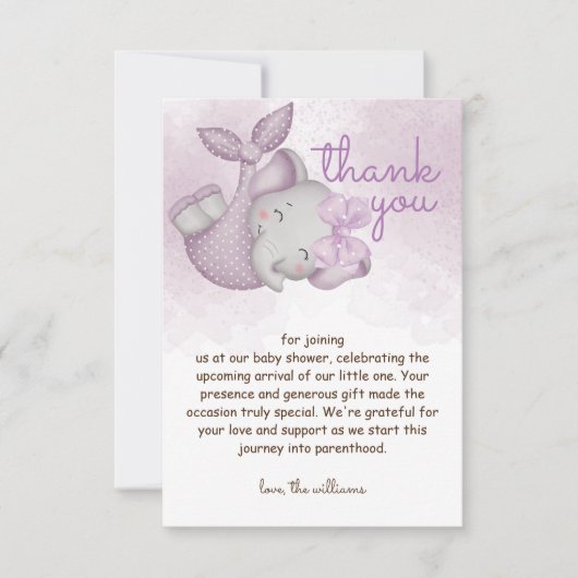 サファリ象のベビーガールシャワー サンキューカード (正面)
