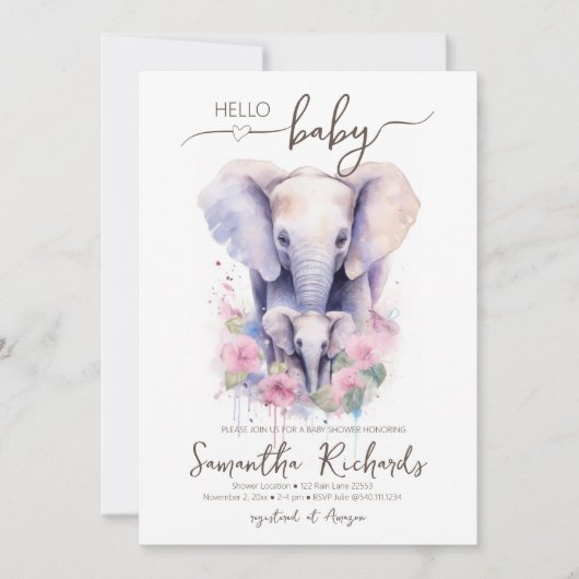 サファリ象フローラママ赤ちゃんシャワー 招待状 (正面)