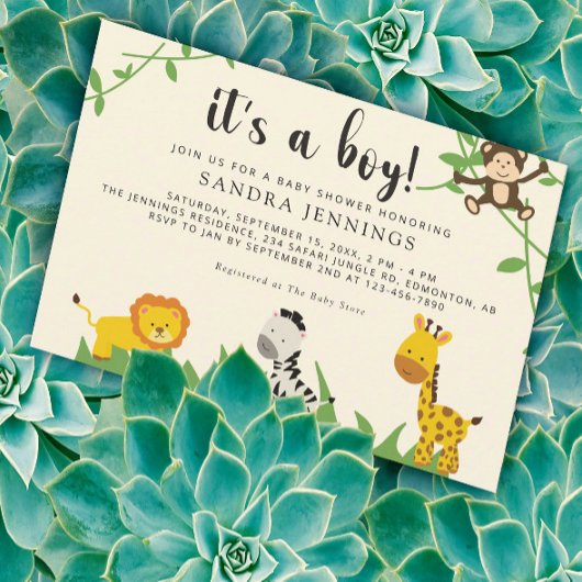 サファリ赤ちゃんシャワージャングル動物かわいい男の子 招待状