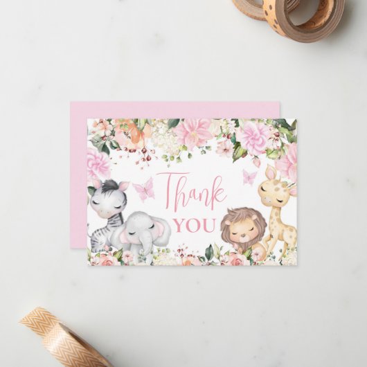 サファリ赤ちゃんシャワー女の子ありがとうノートカード ノートカード (正面/裏面インサイチュ)