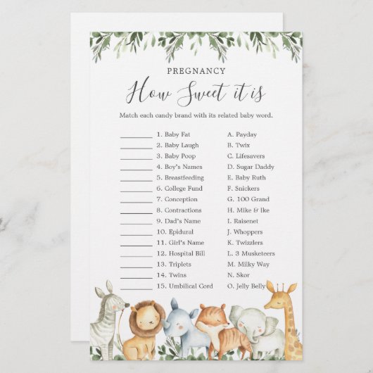 サファリ赤ちゃんシャワー妊娠どのように甘いゲーム (正面/裏面)