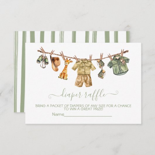 サファリ赤ちゃんシャワー物干しおむつラッフルカード 招待状 (正面/裏面)
