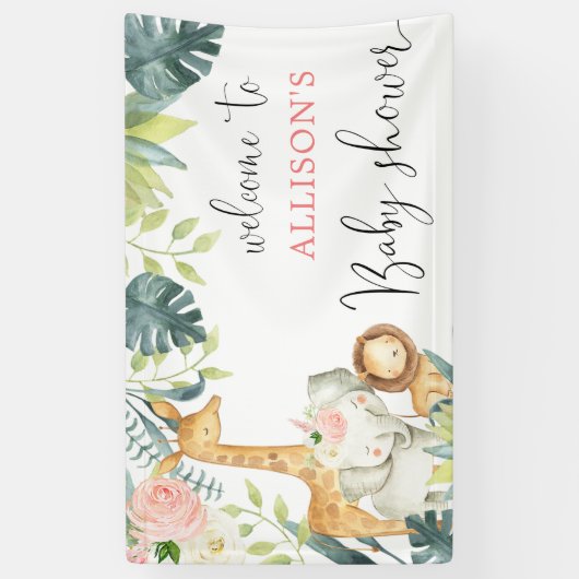 サファリ赤面ピンクのフローラ女の子の赤ちゃんシャワー背景 横断幕 (縦)
