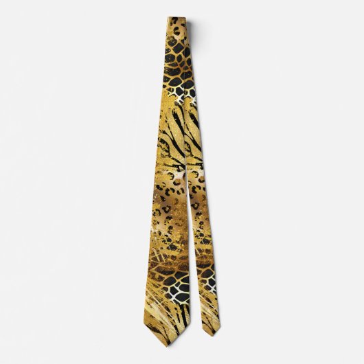 サファリ野生動物の皮膚金ゴールド黒パタスタイリッシューン ネクタイ (正面)